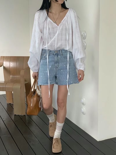 A11 不修邊蝴蝶結牛仔短褲S/M/L2