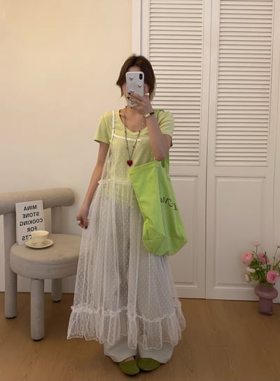 Gz79 法式網紗點點疊穿裙（3colors）3