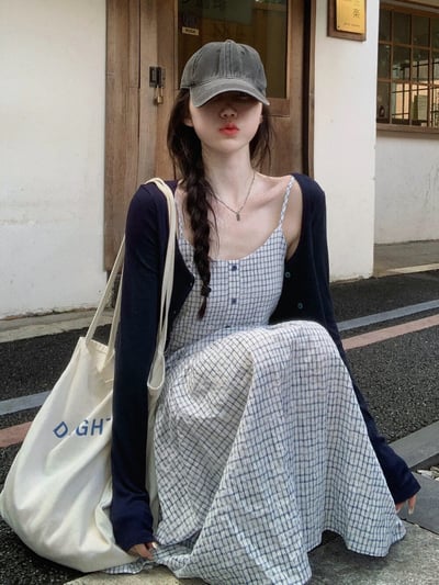 Gz81 藍格紋收腰連身裙+外套2