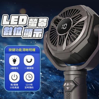 【2026黑武士S2】多功能三段式落地扇｜自動搖頭 10檔強風 LED照明 12H定時 附遙控器收納槽 露營落地扇 桌面扇（5V/2A供電）10