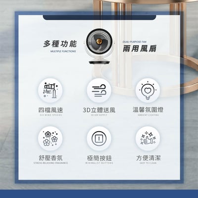 【UTA鴻嘉源】8吋空氣循環兩用風扇 S6｜桌面/壁掛/吊掛三合一｜130度自動擺頭｜內建香薰盒設計｜3段式氣氛夜燈｜4檔風速調整(含自然風)｜Type-C供電｜1秒快拆好清洗2