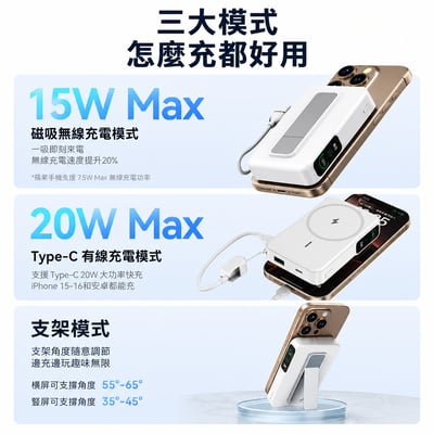 【UTA鴻嘉源】【AnOne】半固態防爆磁吸無線行動電源 10000mAh 20W快充 自帶線折疊支架數顯行動電源 ITC-25043