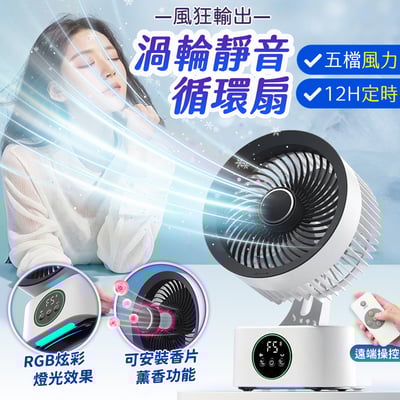 【風狂輸出 S7】渦輪靜音循環扇｜3D自動搖頭 五檔風力 12H定時 附遙控器 可壁掛/吊掛/平放 RGB炫彩燈 擴香功能（Type-C供電）1