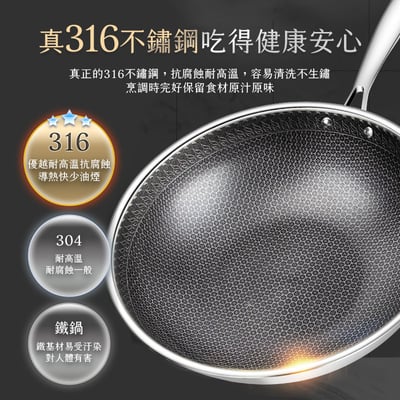 【UTA鴻嘉源】【頂級316醫療級】鈦黑蜂窩紋 不銹鋼炒鍋 34cm 物理不沾 導熱均勻 不挑鍋鏟/爐具 蜂巢不沾鍋 (MP19)9