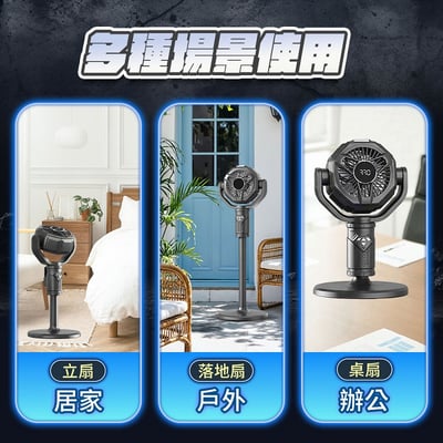 【2026黑武士S2】多功能三段式落地扇｜自動搖頭 10檔強風 LED照明 12H定時 附遙控器收納槽 露營落地扇 桌面扇（5V/2A供電）8