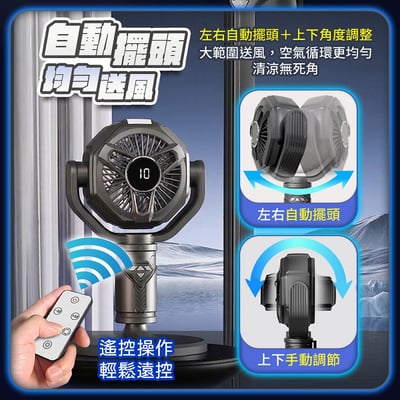 【2026黑武士S2】多功能三段式落地扇｜自動搖頭 10檔強風 LED照明 12H定時 附遙控器收納槽 露營落地扇 桌面扇（5V/2A供電）5