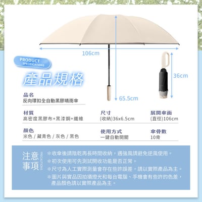 【UTA鴻嘉源】【1+1 車用＋居家/雙人組合】反向收傘全自動黑膠晴雨傘 106cm大傘面(10骨抗風/環扣握把/UPF50+防曬/車用不滴水/UV2) 共2支11
