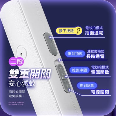 【UTA鴻嘉源】【180°旋轉變形】3合1折疊電蚊拍F2 捕蚊燈 壁掛/立放/手持 2800V強勁電壓 Type-C充電 皮革握把 安全雙開關 物理滅蚊6