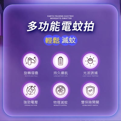 【UTA鴻嘉源】【180°旋轉變形】3合1折疊電蚊拍F2 捕蚊燈 壁掛/立放/手持 2800V強勁電壓 Type-C充電 皮革握把 安全雙開關 物理滅蚊3