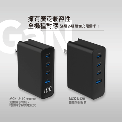 [MCK] 台灣製造 U410 四孔氮化鎵快充100W 顯示屏(高瓦快充/多孔同時充/折疊好收納/出門居家必備)3