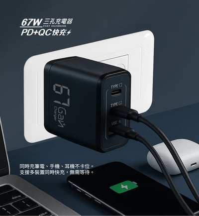 [MCK] 台灣製造 U367 氮化鎵三孔快充充電器67W(多孔設計/輕便好攜帶/支援快充/90度折角)3