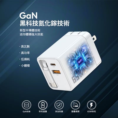 [MCK] 台灣製造 自帶線二孔氮化鎵快充65W_U24503