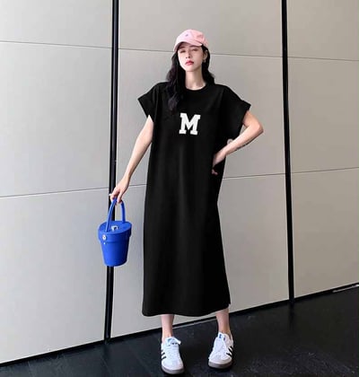 韓系慵懶風休閒長版洋裝1