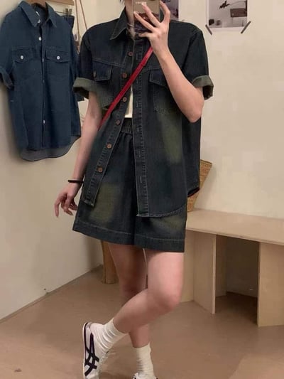 🩵港風復古牛仔系 | 2件套套裝 (襯衫+短褲)4