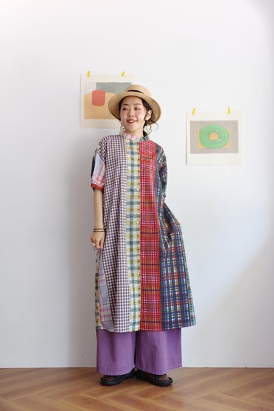 格紋拼布印花開襟洋裝3