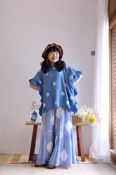 𓏭木耳邊二重紗波點藍染上衣8