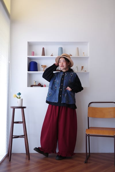 𓏭褲管壓褶木耳花邊繭型褲12