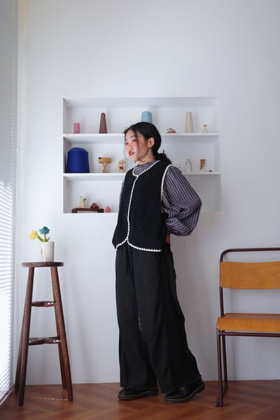 𓏭超修身細絨拼接抽鬚高腰丹寧褲3