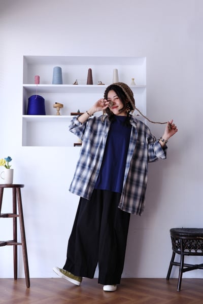 𓏭混織格紋下擺可調鬆身襯衫12