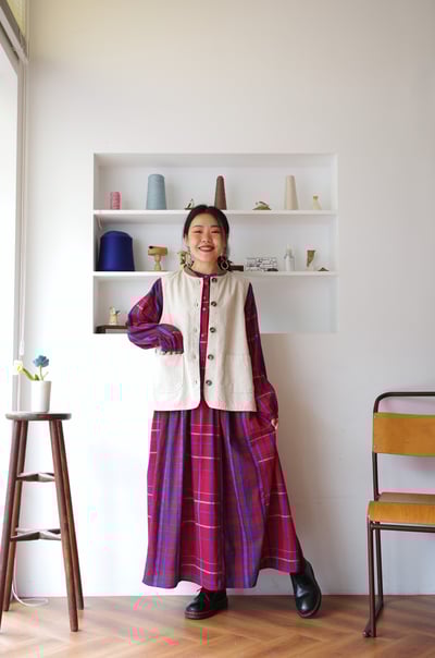 𓏭跳色格紋腰線抓摺洋裝5