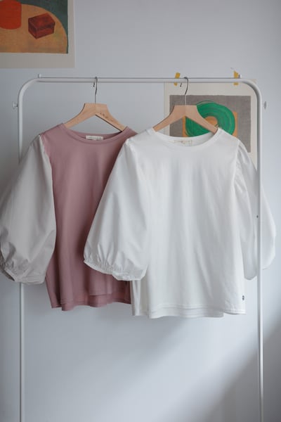 異材質拼接份量感澎袖上衣1