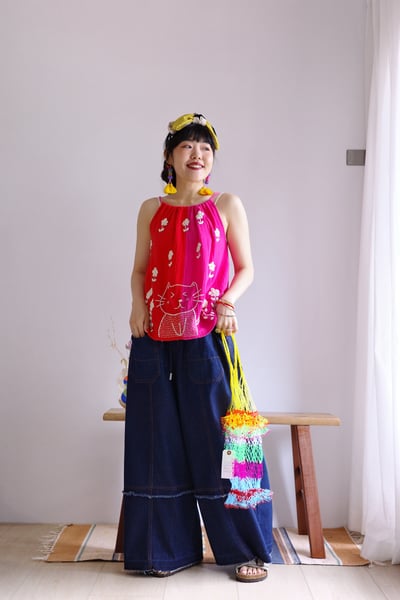 𓏭色塊拼接貓貓刺繡繫帶背心2