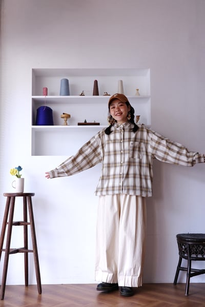 𓏭混織格紋下擺可調鬆身襯衫16