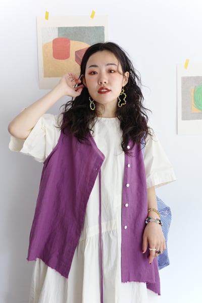 斜扣不對稱下擺抽鬚開襟背心16