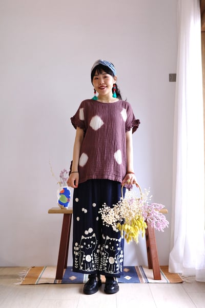 𓏭木耳邊二重紗波點藍染上衣16