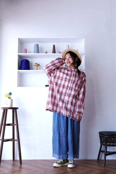 𓏭混織格紋下擺可調鬆身襯衫3