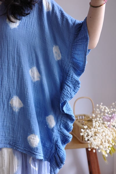 𓏭木耳邊二重紗波點藍染上衣20