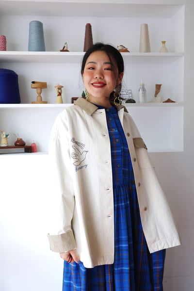 𓏭小鳥老虎刺繡反折拼接襯衫外套6