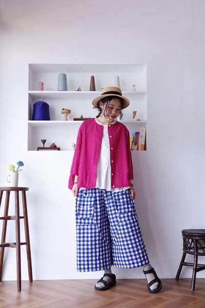 方格緹花下擺抽繩罩衫上衣10