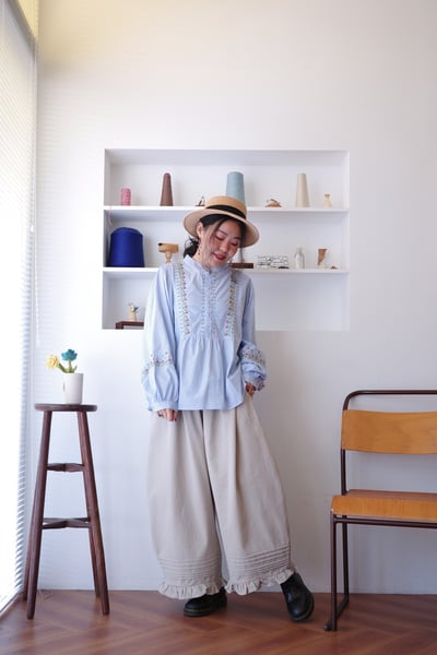 𓏭褲管壓褶木耳花邊繭型褲6