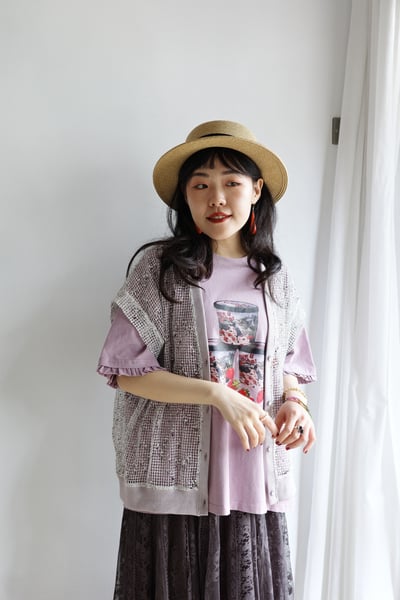 𓏭方格編織滾邊Ｖ領法式袖開襟上衣5