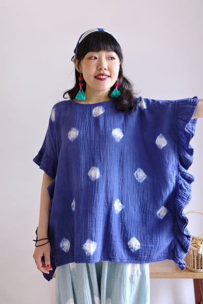 𓏭木耳邊二重紗波點藍染上衣6