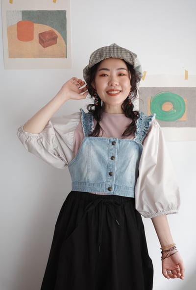 異材質拼接份量感澎袖上衣8