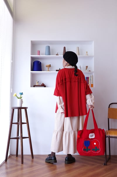 木耳邊點綴前後兩穿純色上衣6