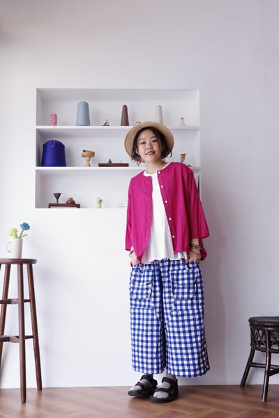 方格緹花下擺抽繩罩衫上衣4