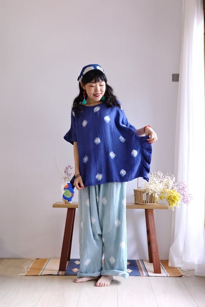 𓏭木耳邊二重紗波點藍染上衣17