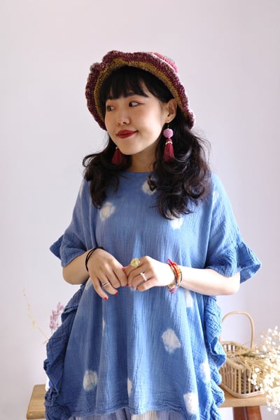 𓏭木耳邊二重紗波點藍染上衣11