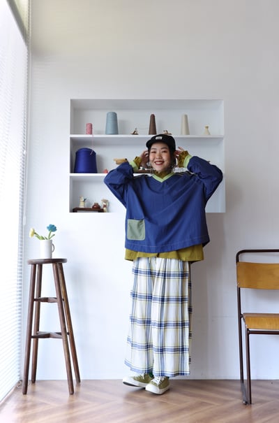 𓏭口袋虛線小麵包刺繡舒服格紋褲10