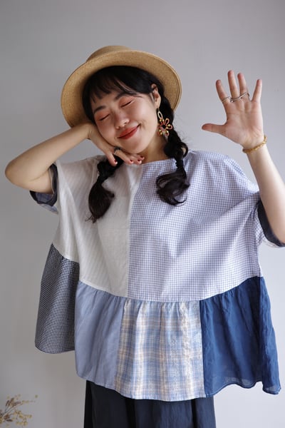 𓏭格紋Ｘ直紋拼接鬆身上衣8
