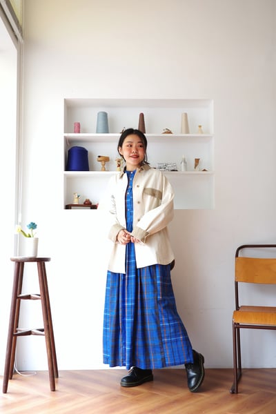 𓏭跳色格紋腰線抓摺洋裝9