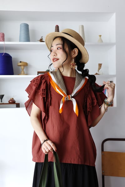 層次菱格鏤空荷葉袖上衣7