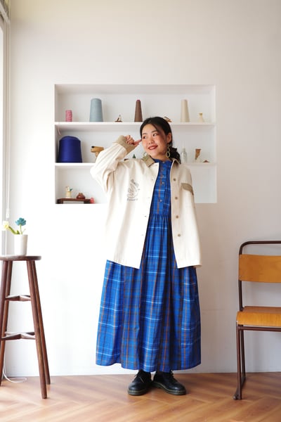 𓏭跳色格紋腰線抓摺洋裝4