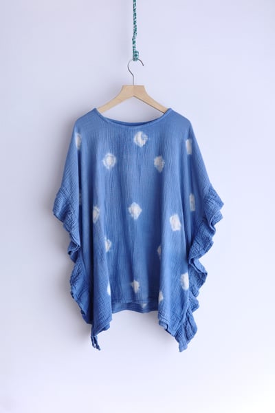 𓏭木耳邊二重紗波點藍染上衣23