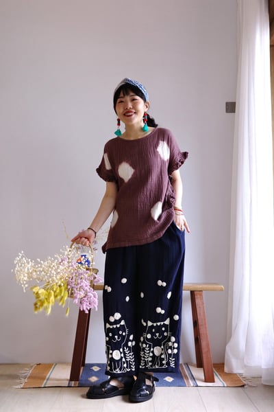 𓏭木耳邊二重紗波點藍染上衣4