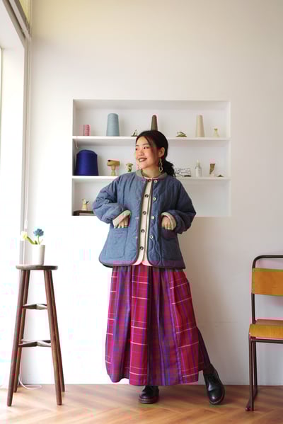 𓏭跳色格紋腰線抓摺洋裝6