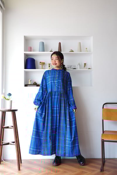 𓏭跳色格紋腰線抓摺洋裝14